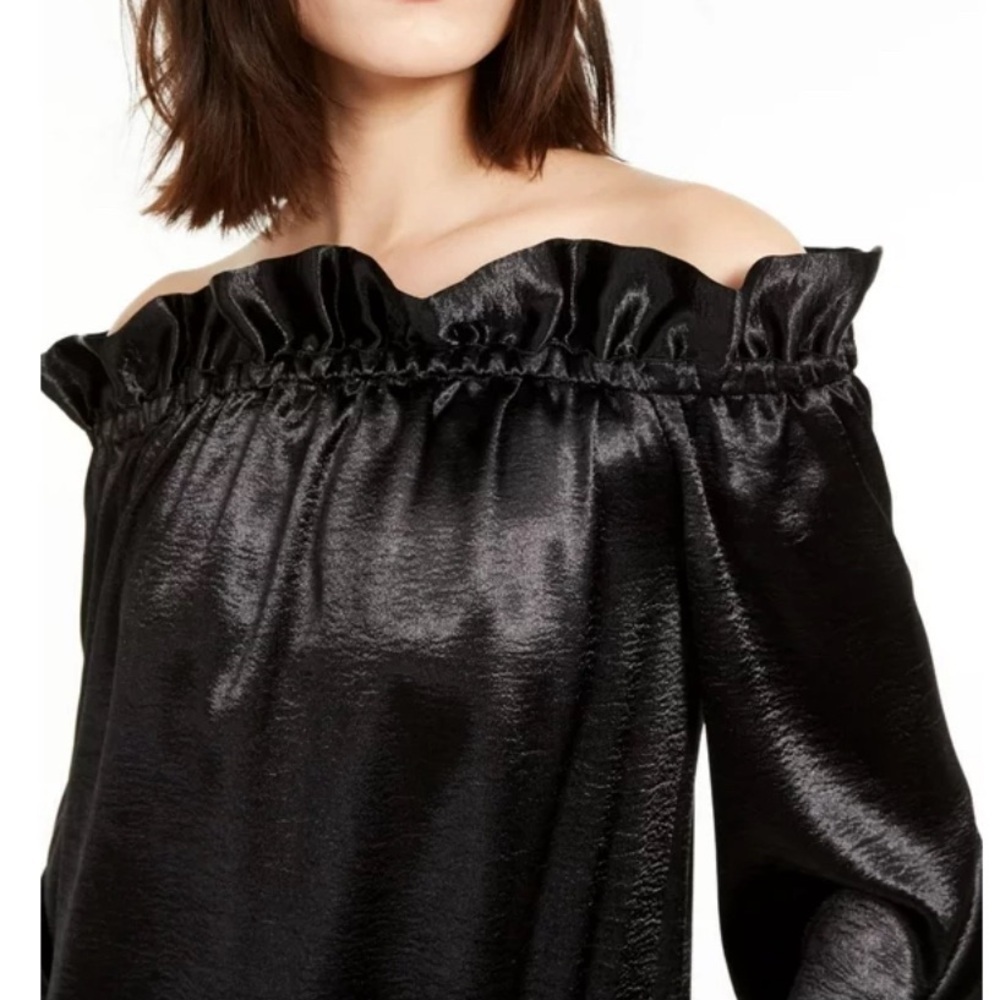 MICHAEL MICHAEL KORS Womens Black Ruffled Satin Long Sleeve Off Shoulder Top XS